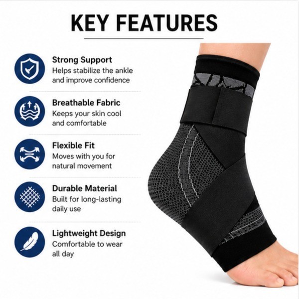 Adjustable Compression Ankle Support Wrap for Sports, Gym & Running Workouts