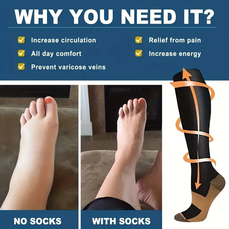(S-XXL) Copper Compression Support Socks 20-30mmHg Knee High Unisex 3/6 Pairs–
