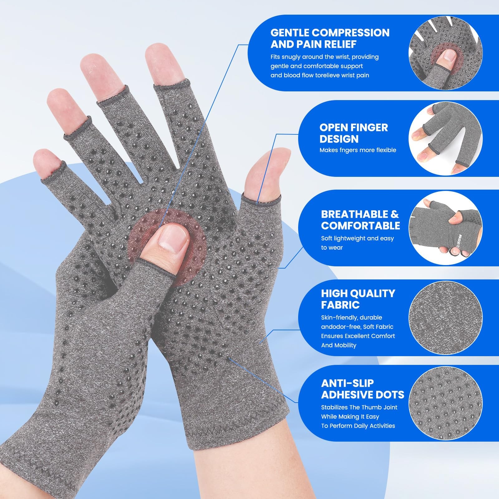 Arthritis Compression Gloves Fingerless, Pain Relief, Anti-Slip, Light Gray, M