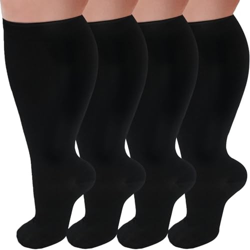 4 Pairs Plus Size Compression Socks,Extra Wide Calf 20-30 mmHg XX-Large Black