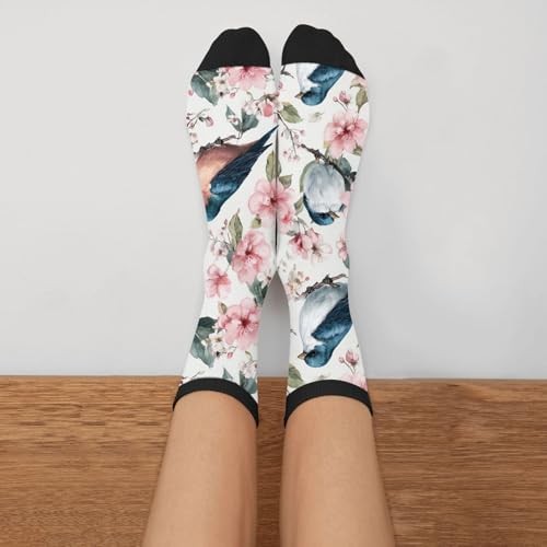 Rutuioy Men Women Funny Crazy Novelty Crew Tube Socks, Blue Bird Floral White