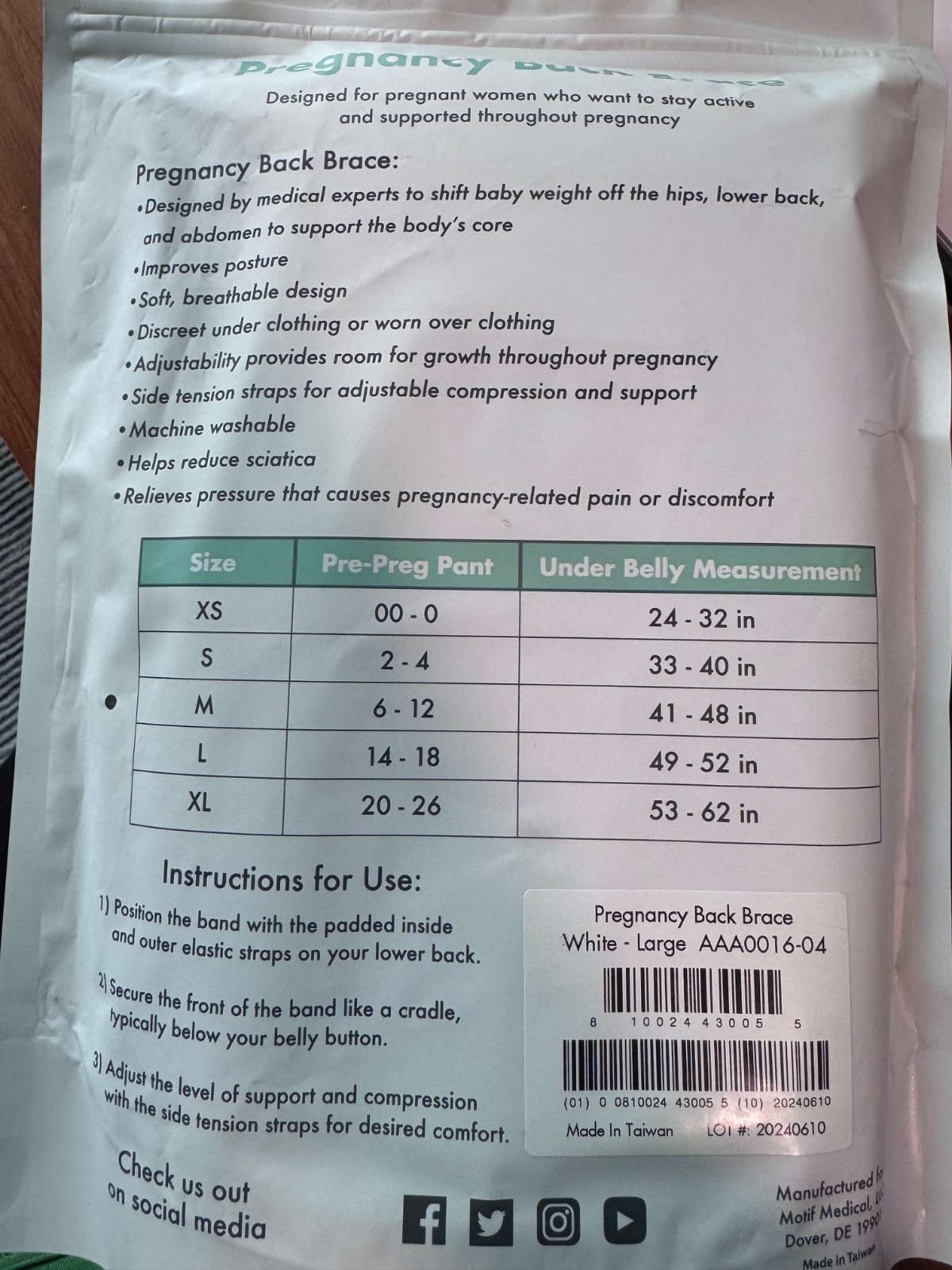 Brand New Motif Medical Pregnancy Back Brace (White) Size Large