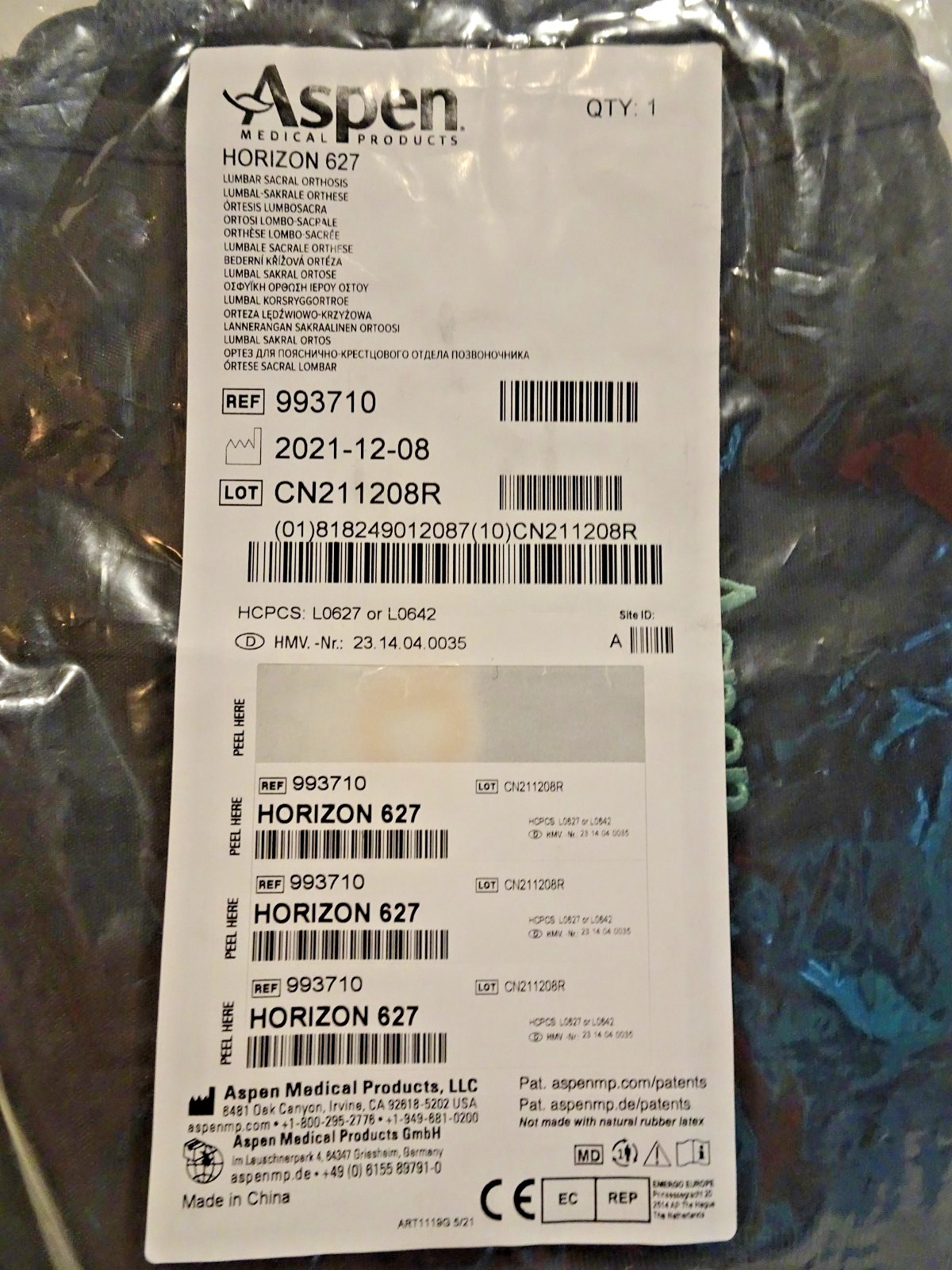 Brand New Sealed Aspen Horizon 627 Lower Spine Brace Universal Size BREG 100053