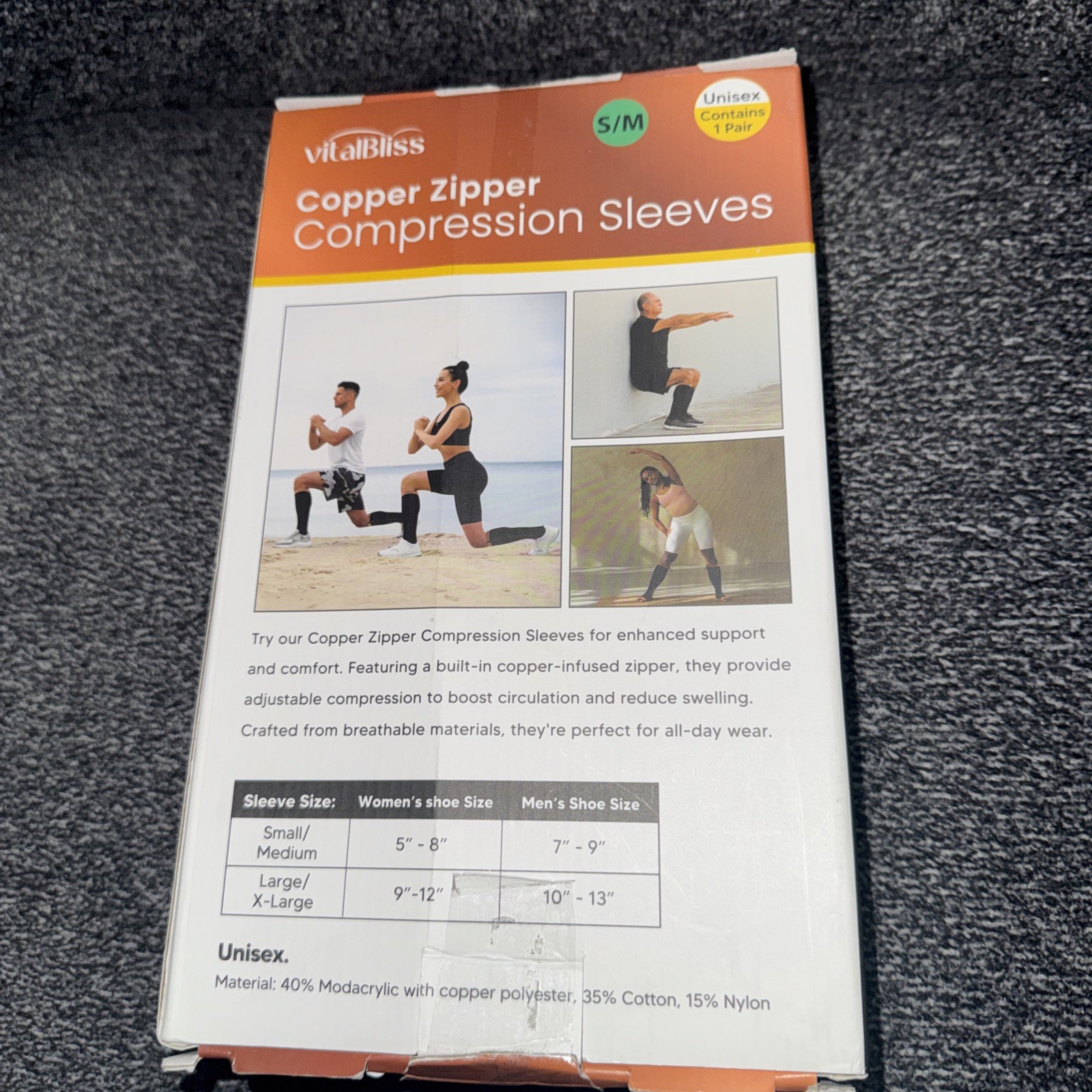 Copper Zipper Compression Sleeve Vitalbliss Foot & Leg Support Size S/M 1 Pair
