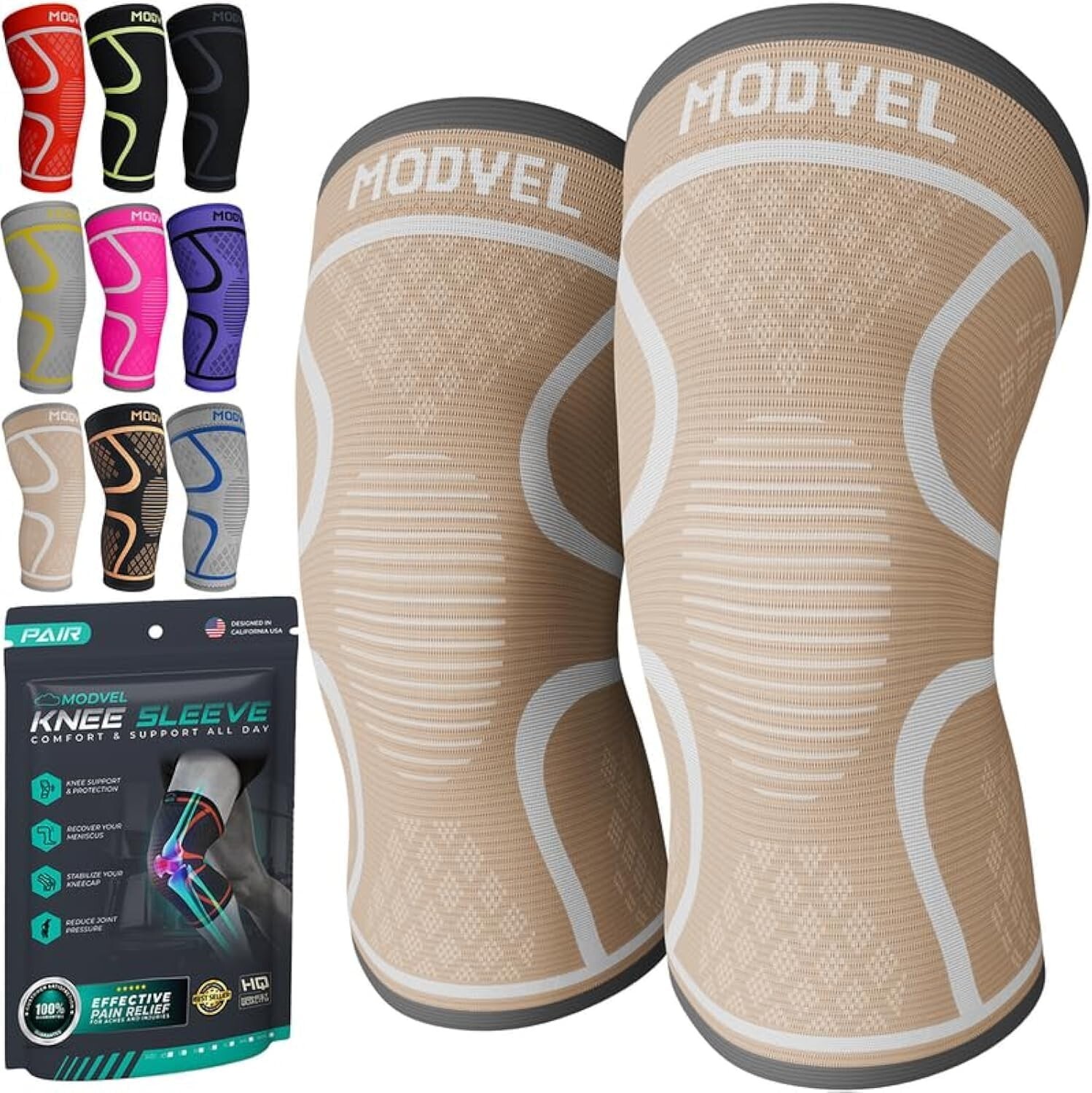 KNEE BRACE 2 Pack Modvel Workout Compression Sleeve, Unisex Small, choose color