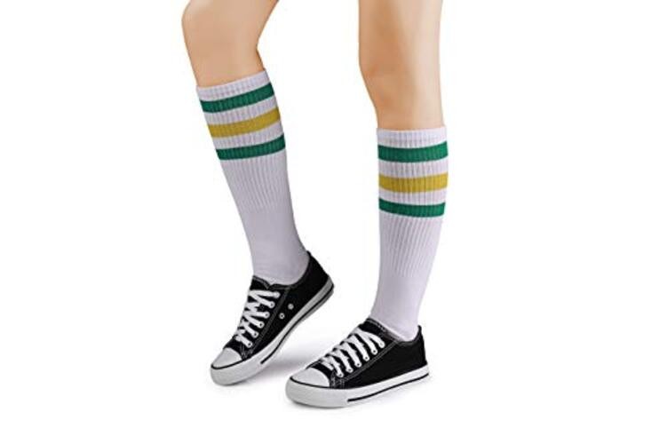 Knee High Tube Socks: Over the Calf Retro Striped One Size White/Green/Yellow