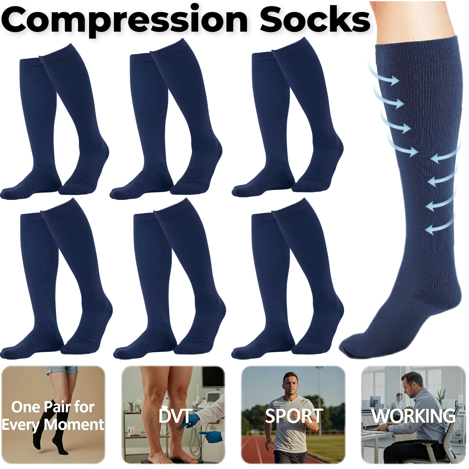 6Pairs Medical Women Men Compression Socks Circulation Support for Sport Running