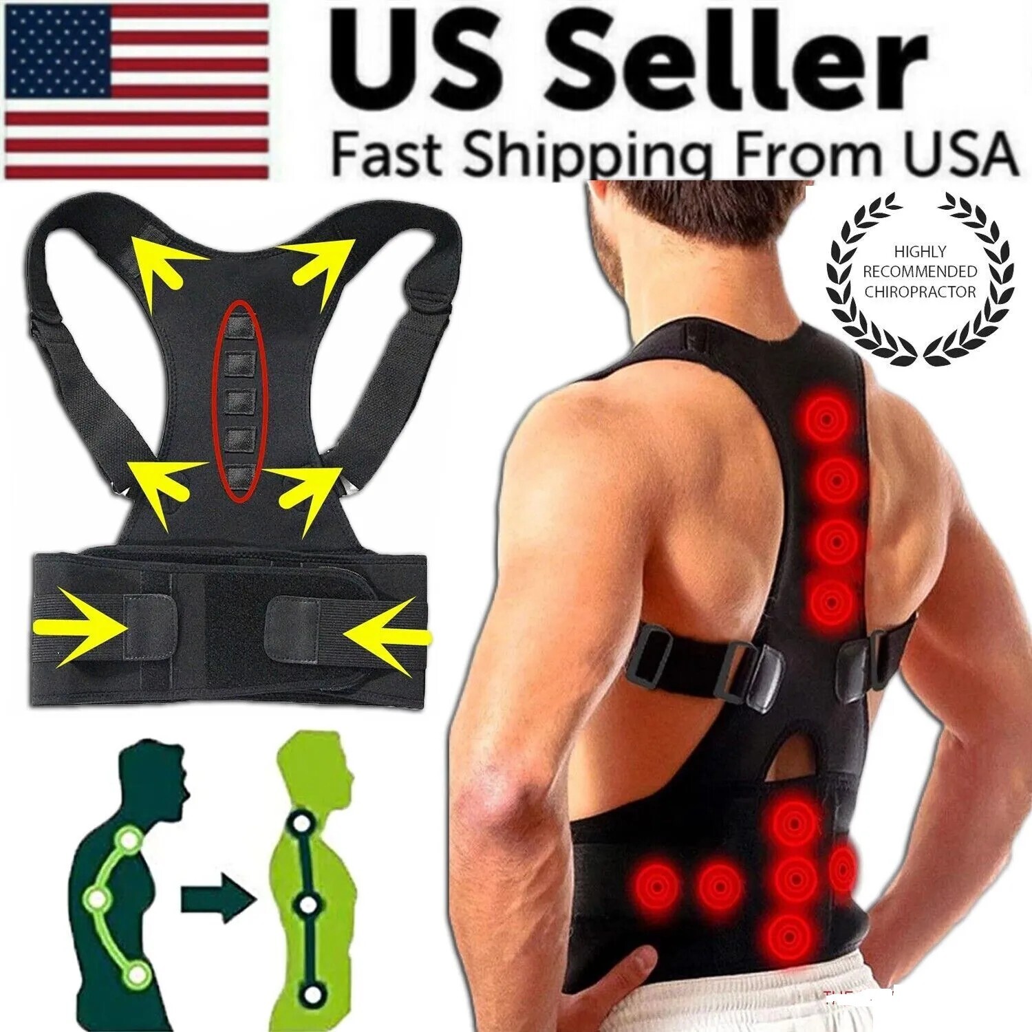 Magnetic Posture Corrector Back Brace Shoulder Straightener Lumbar Support Belt