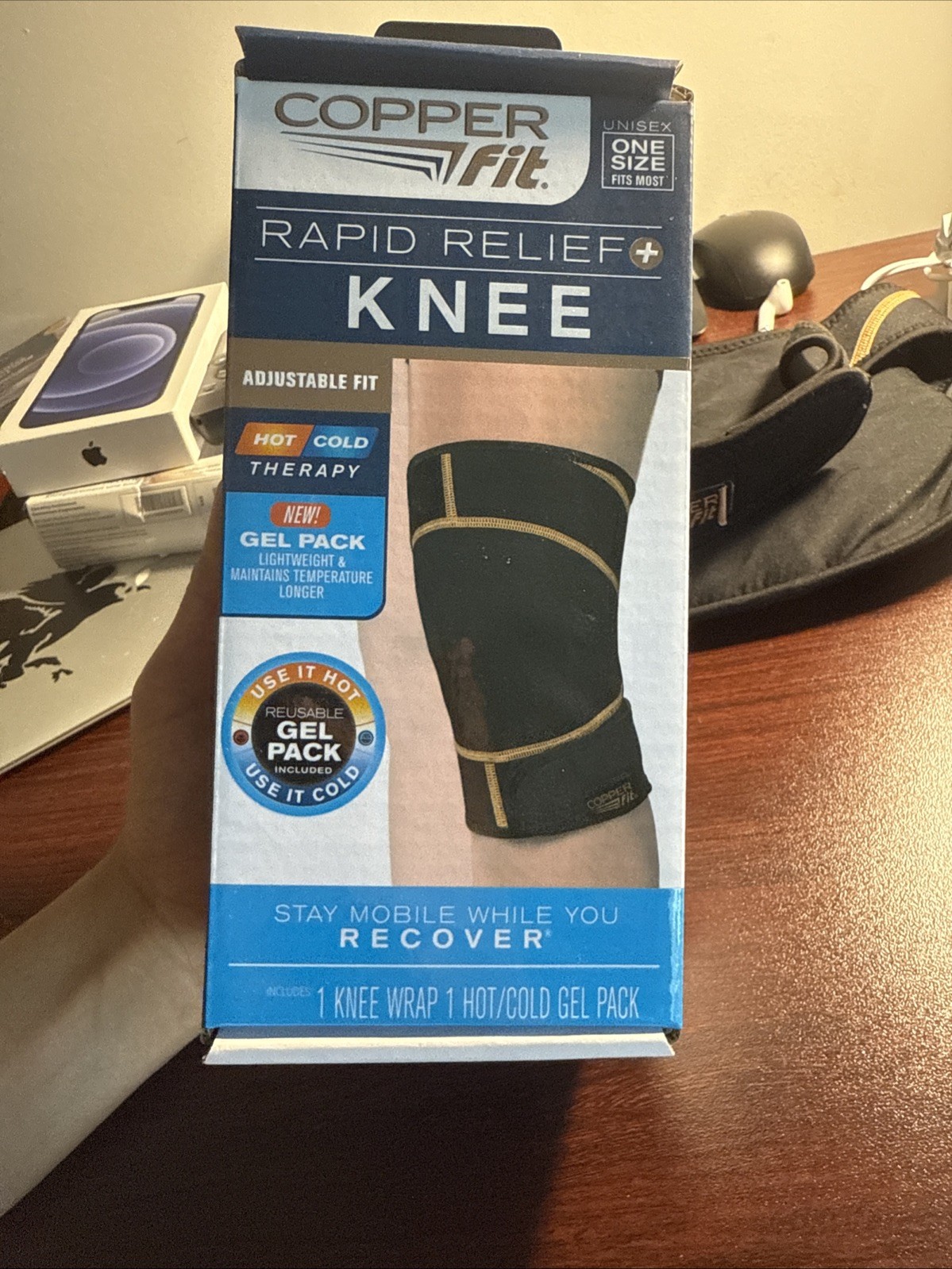 COPPER FIT RAPID RELIEF KNEE ADJUSTABLE FIT WRAP- HOT OR COLD GEL PACK- ONE SIZE