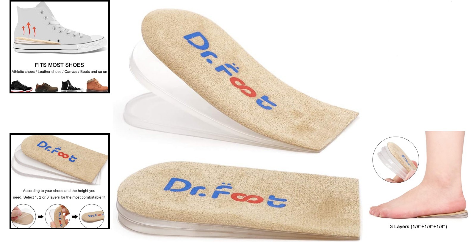 Washable Orthopedic Heel Lift Inserts – Adjustable Gel Insoles for Pain Relief