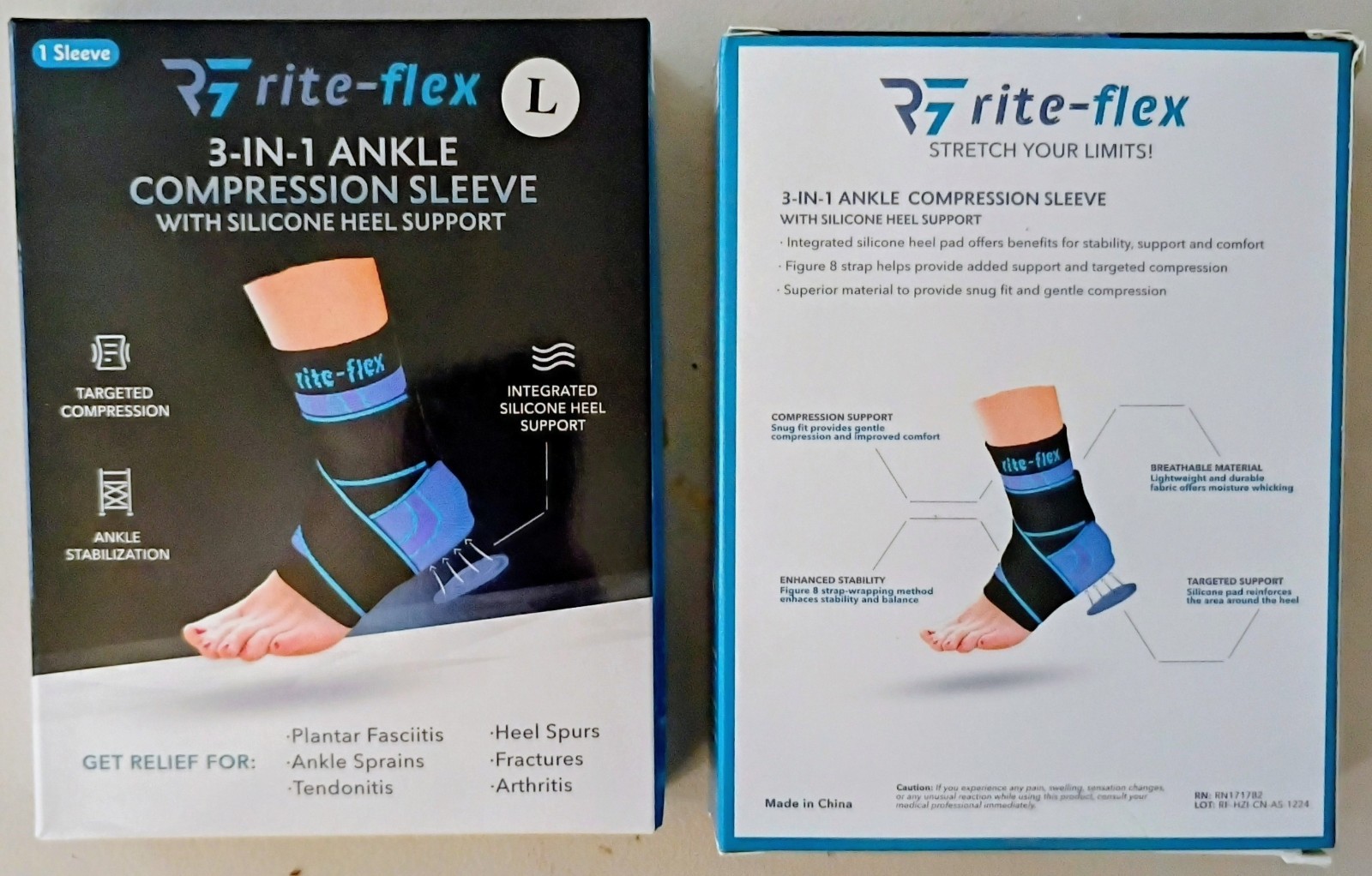 NIB Rite-Flex 3-in-1 Ankle Compression Sleeve W/Silicone Heel Support Size L