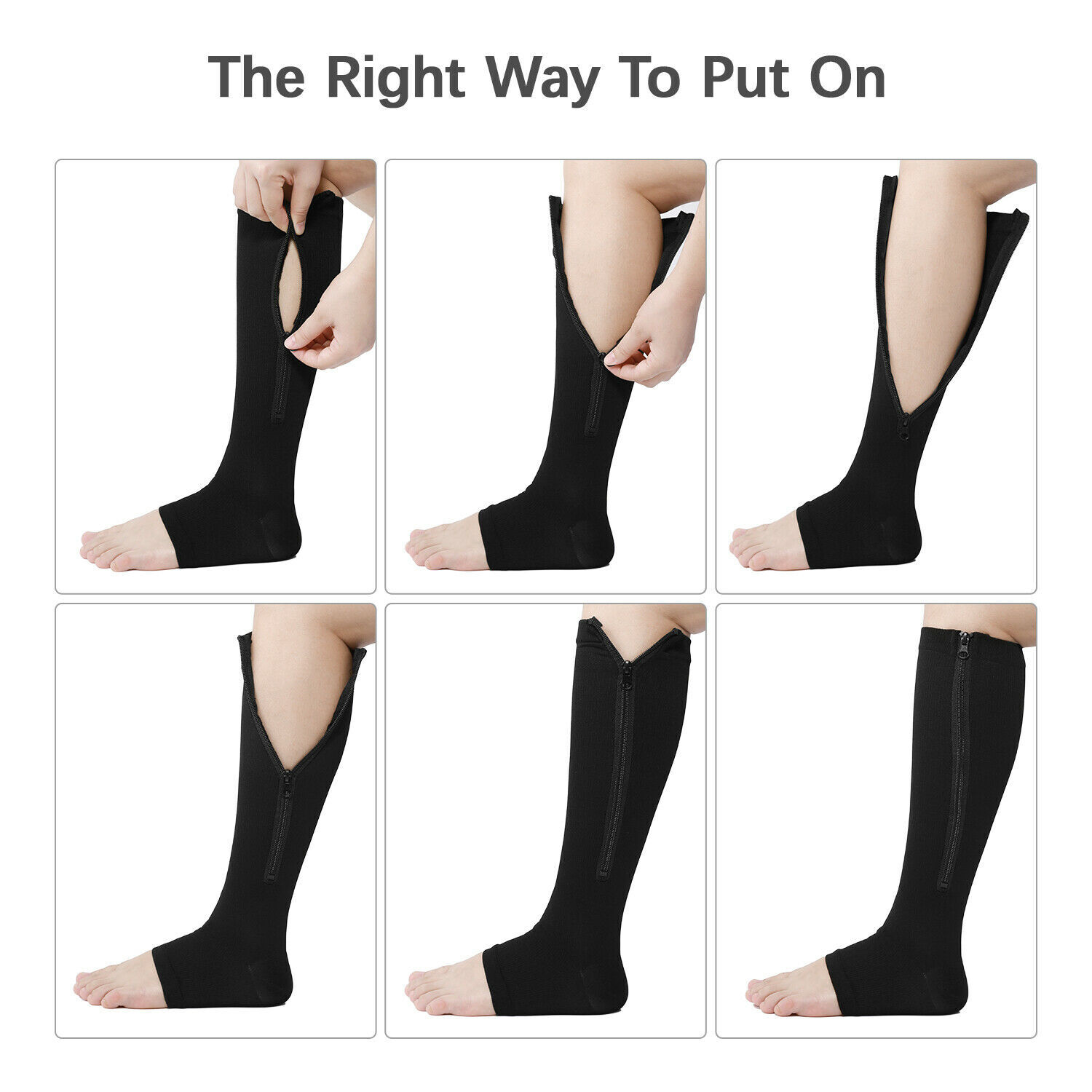 Zipper Open Toe Stockings Performance Compression Socks 20-30 mmgh Below Knee US