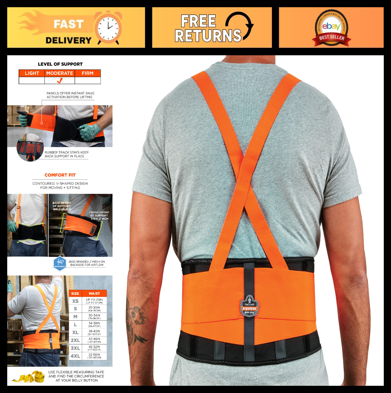 High Visibility Back Support Brace, 8″ Spandex Belt, Removable Straps, Comfort F