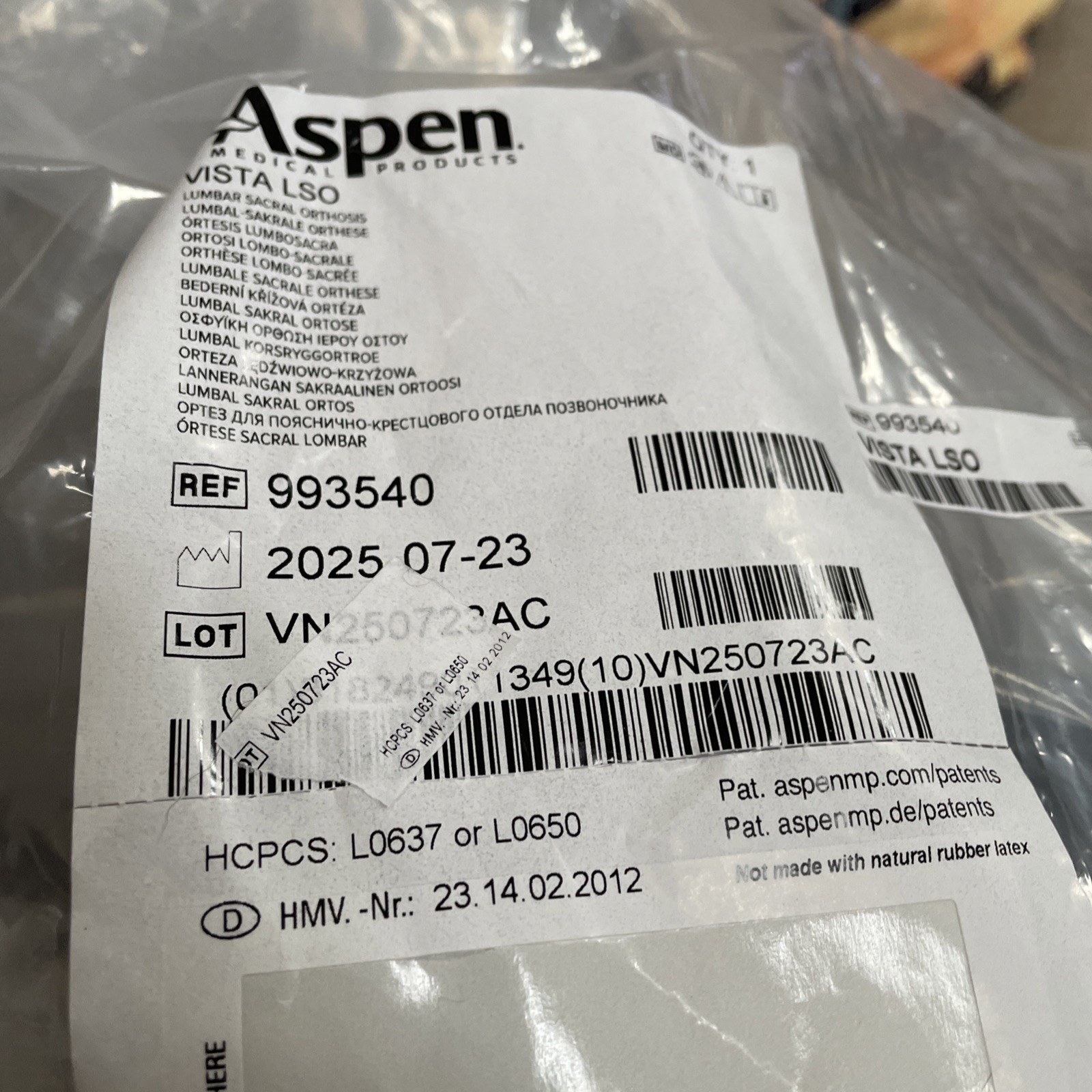 Aspen Vista LO637 TLSO Back Brace Adjustable One Size 993540