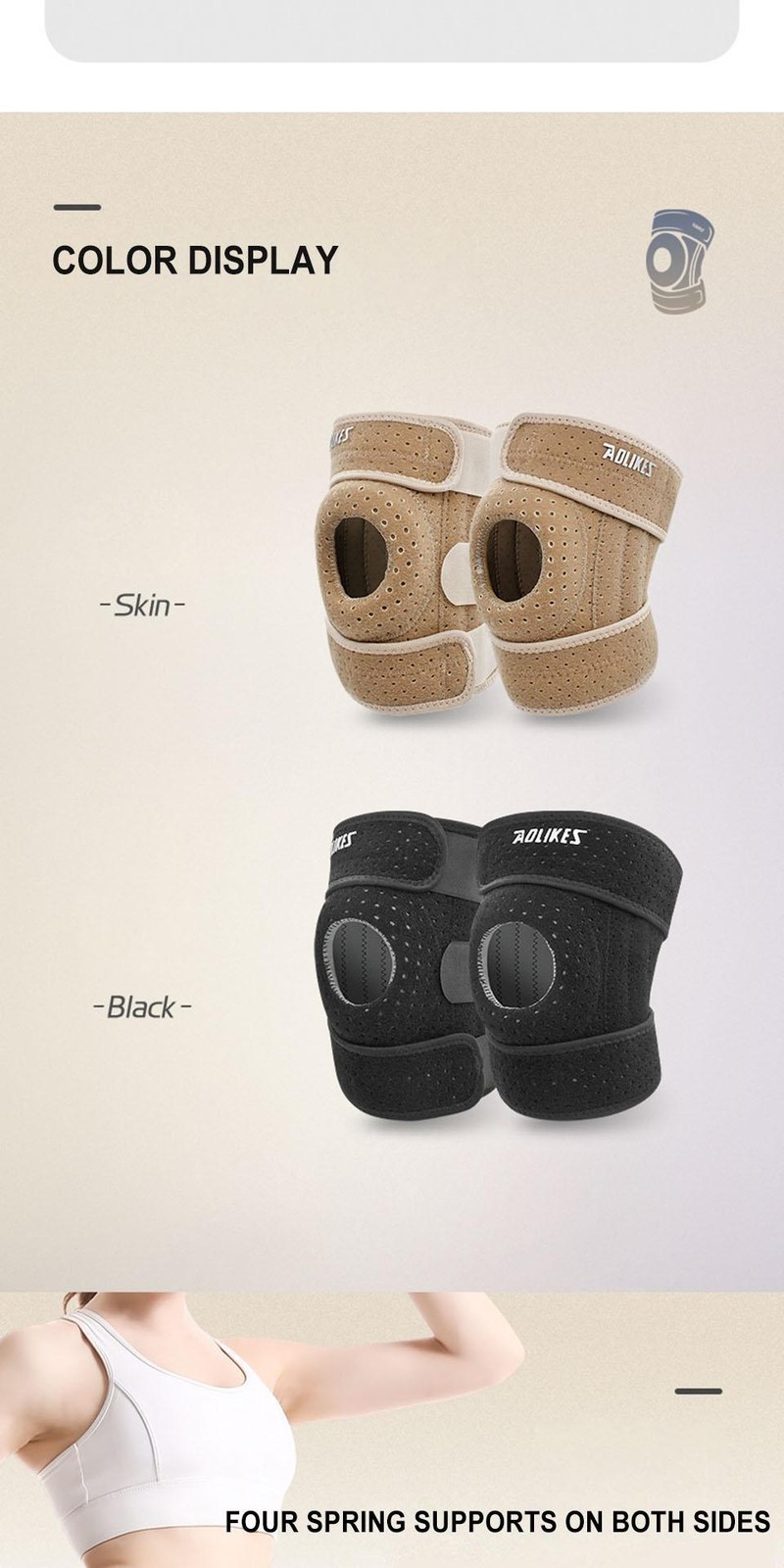 Aolikes 1pcs Breathable Four Spring Knee Support Brace Kneepad Adjustable Patell