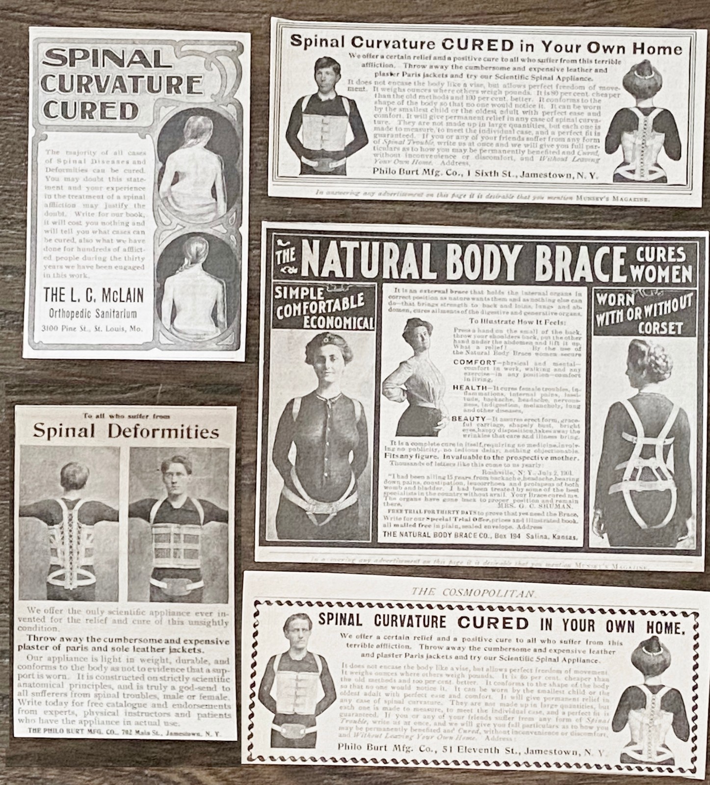 Spinal Curvature Cured Natural Body Brace McLain Orthopedic c1900s Quack Ad Lot