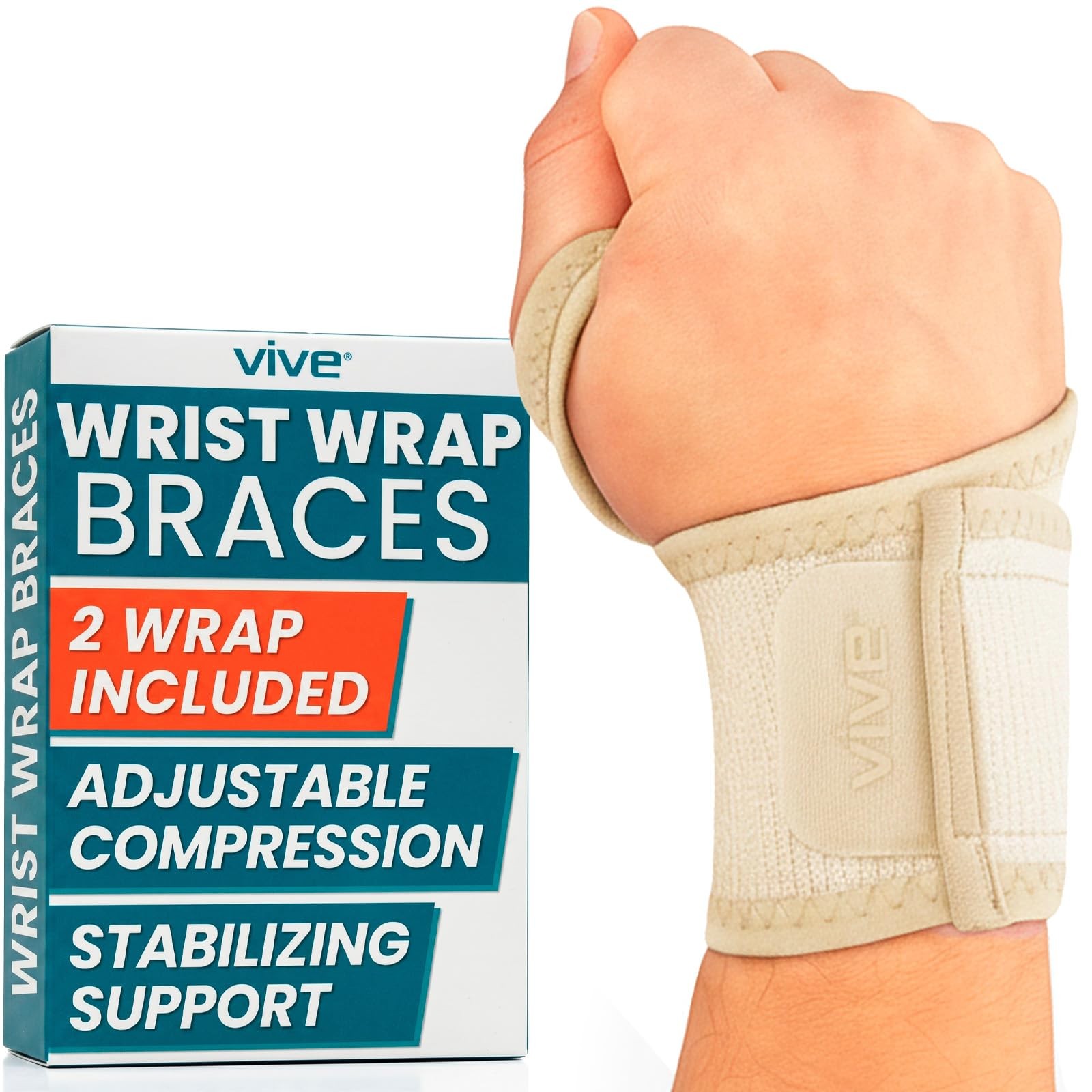 Vive Wrist Wrap Braces (2 Pack) – Tendonitis Support for One Size, Beige