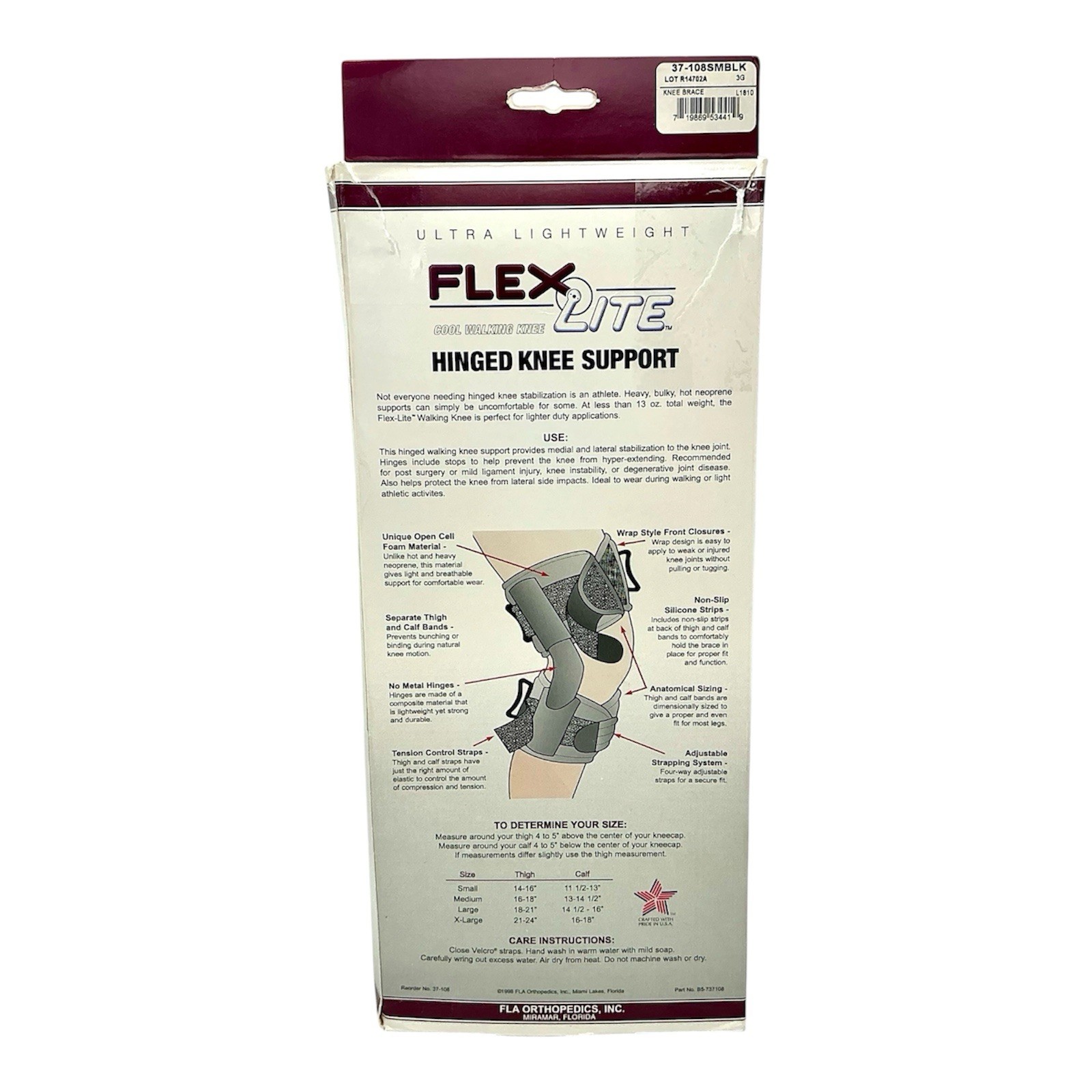 FLA Ultra Lightweight FlexLite Cool Walking Hinged Knee Support Black Small
