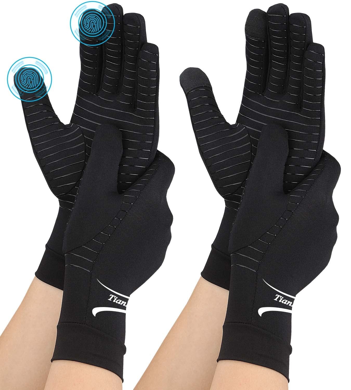 2 Pairs Full Finger Copper Compression Gloves for Arthritis Pain Relief, Touch S