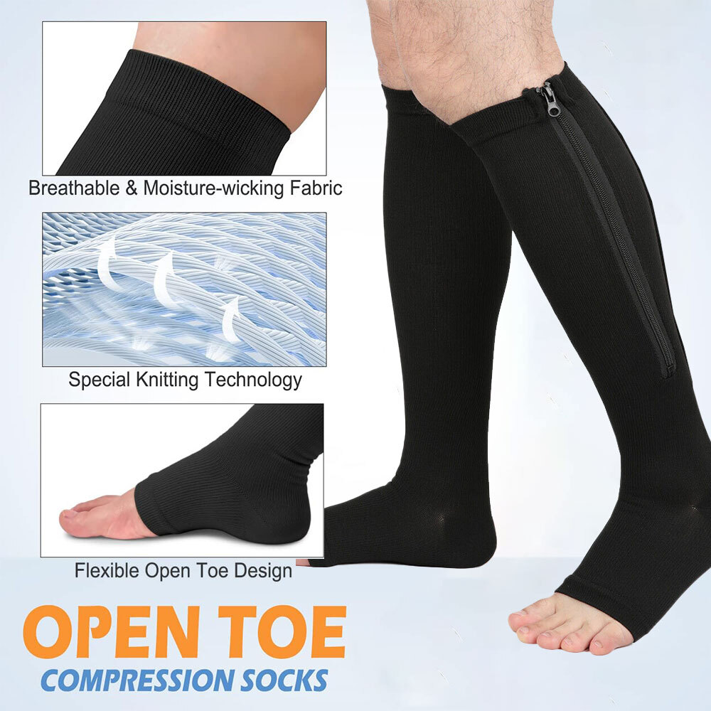 Zip UP Compression Socks Unisex Open Toe Thin Anti-Fatigue Stretchy High Sock