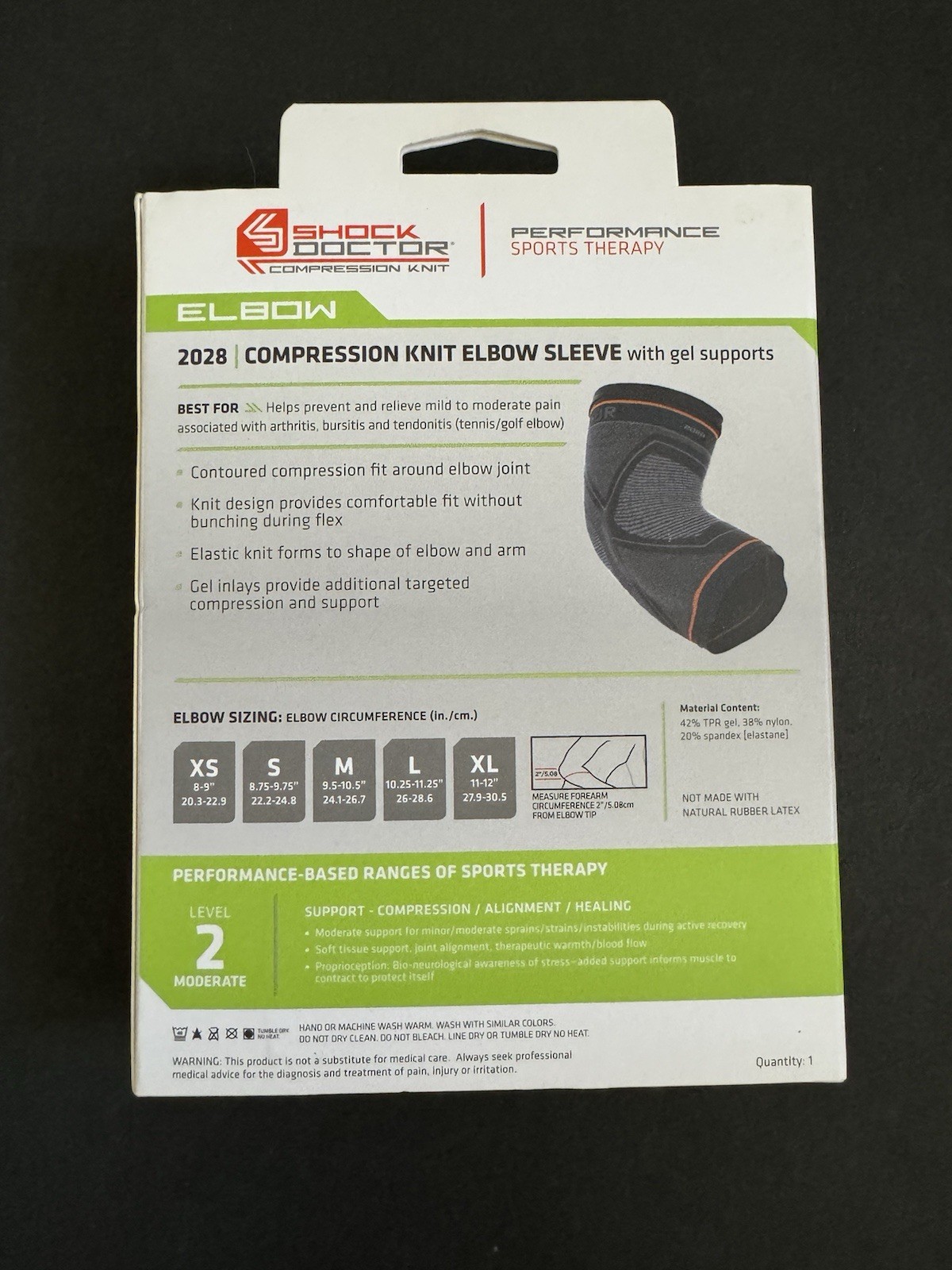Shock Doctor Elbow Compression Sleeve 2028 With Gel Supports Large Gray/Black