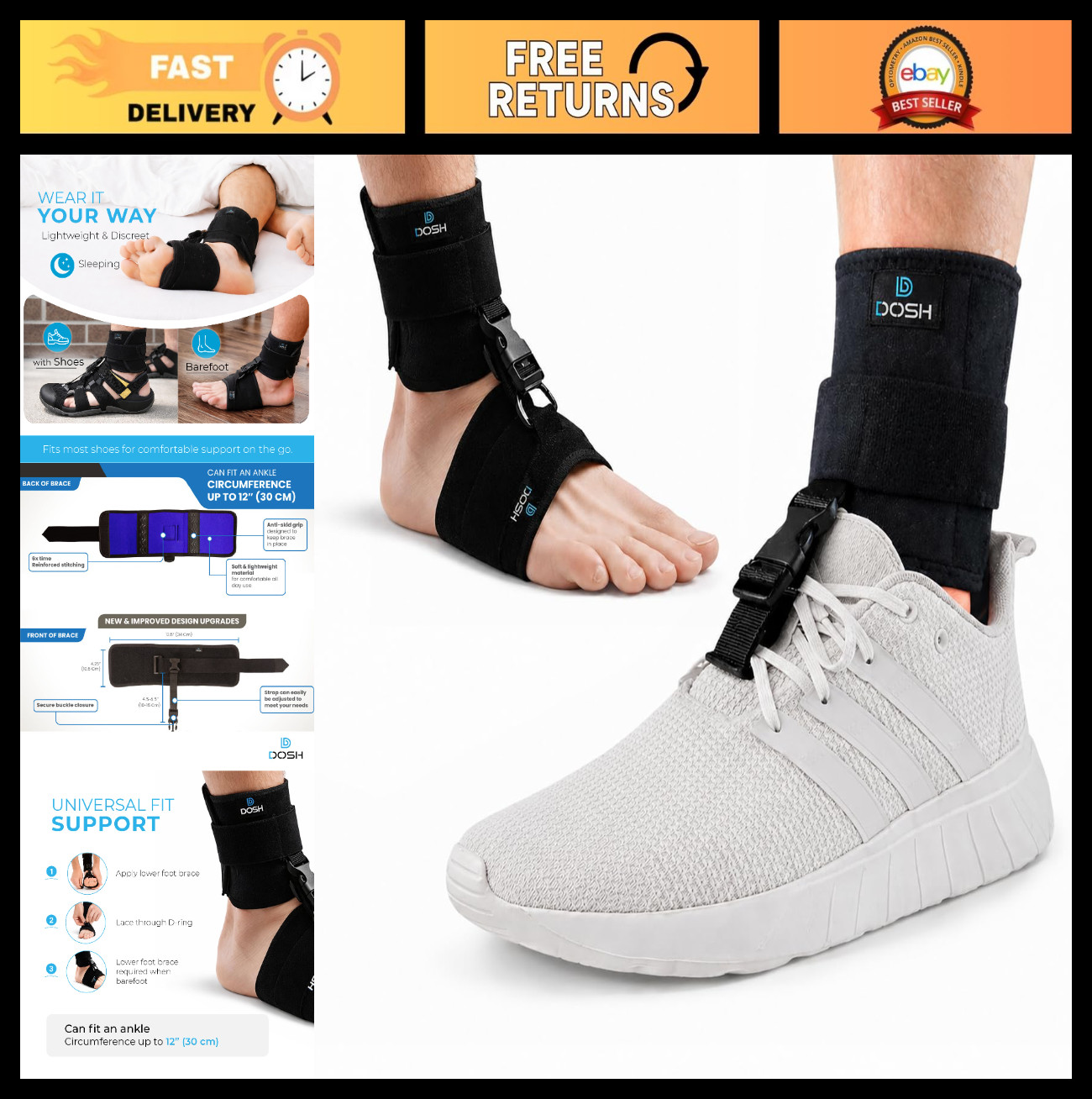 Foot Drop Brace for Walking – AFO Ankle Support – Unisex Adjustable Black