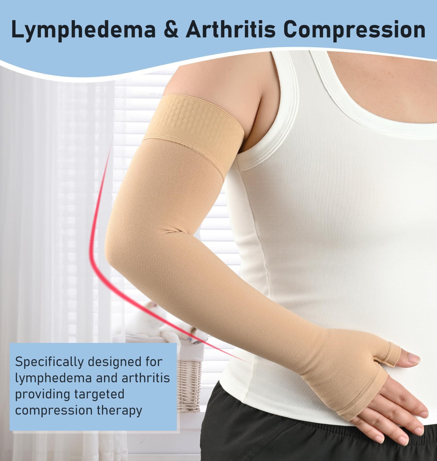 Compression Arm Sleeve with Gauntlet, 15-20 mmHg Support for Lymphedema, Arthrit