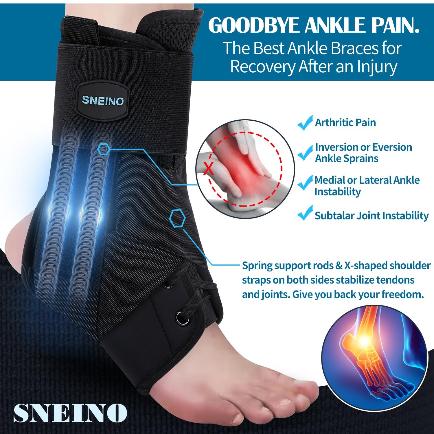 1 PC Ankle Brace Support Adjustable Lace Up Stabilizer Sprain Large 8 Black