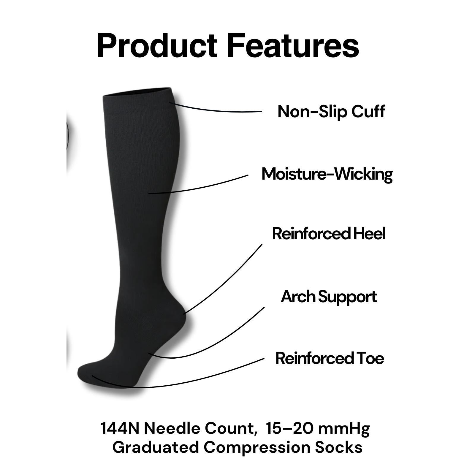 Black Graduated Compression Socks 3 Pr Stockings Medical Relief Knee XL – XXL