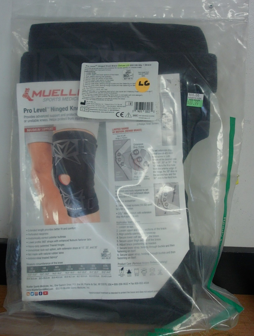 NEW Mueller 53013 b PRO LEVEL HINGED KNEE BRACE DELUXE LG 16-18″ TRIAXIAL HINGES