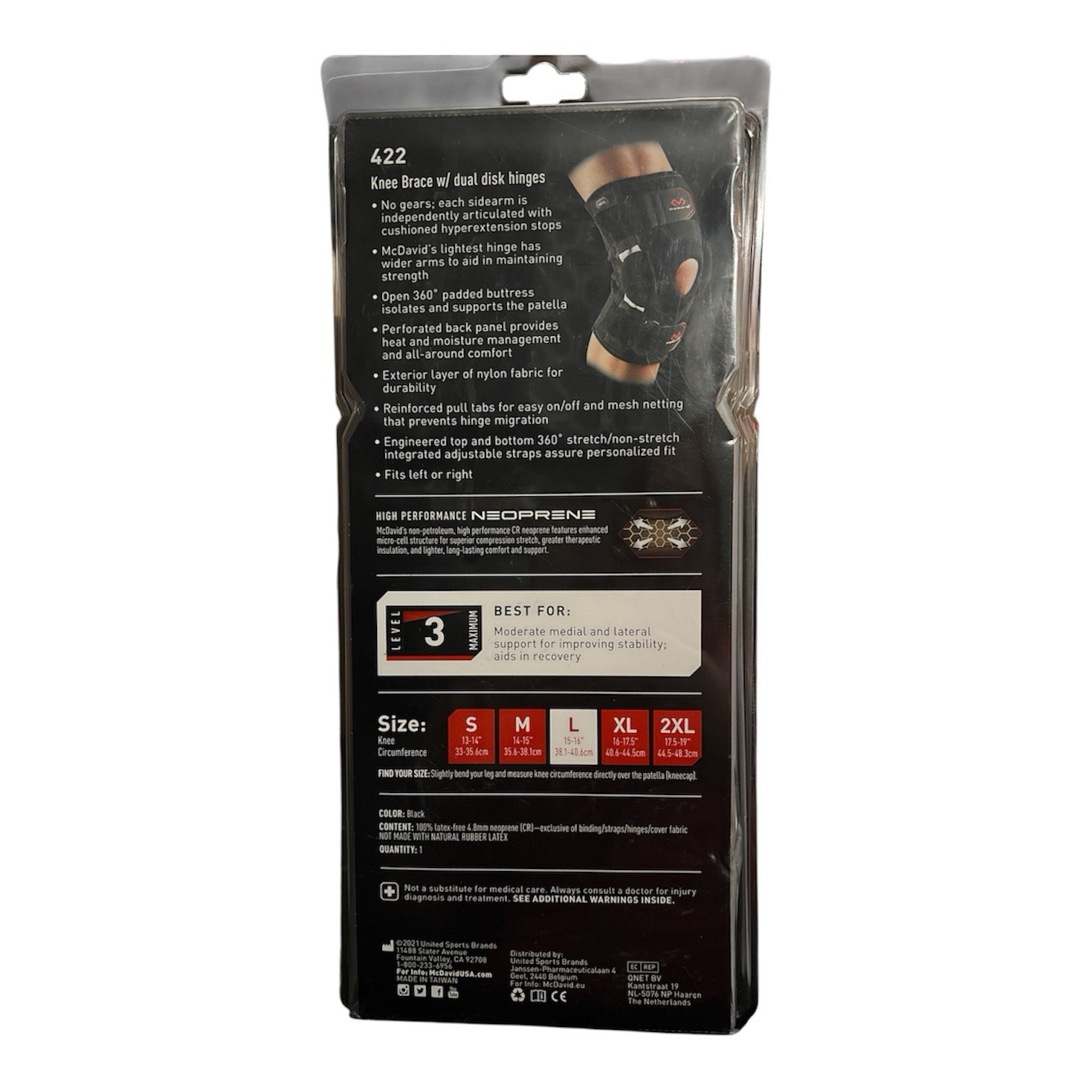 McDavid 422 Dual Disc Hinged Knee Brace Large Level 3 (Maximum Support)