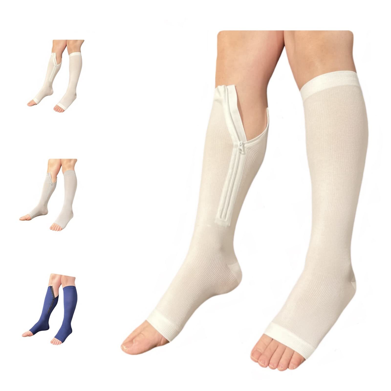 Open Toe 15-20 mmHg Compression White Navy Gray Inside Leg Zipper Socks Medical