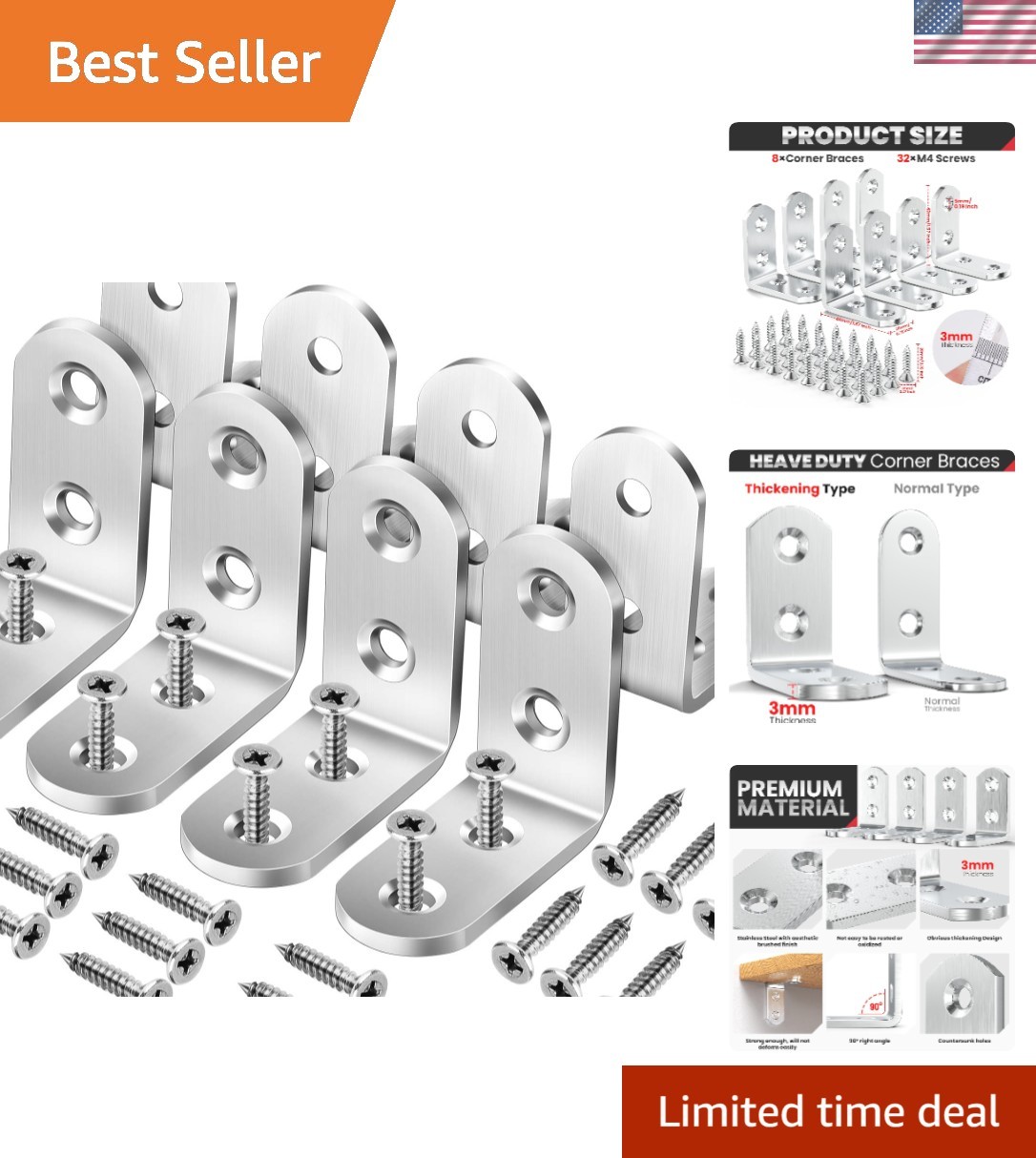 8 PCS Heavy Duty Corner Brace Set for Shelves, Tables, and More – Silver Finish
