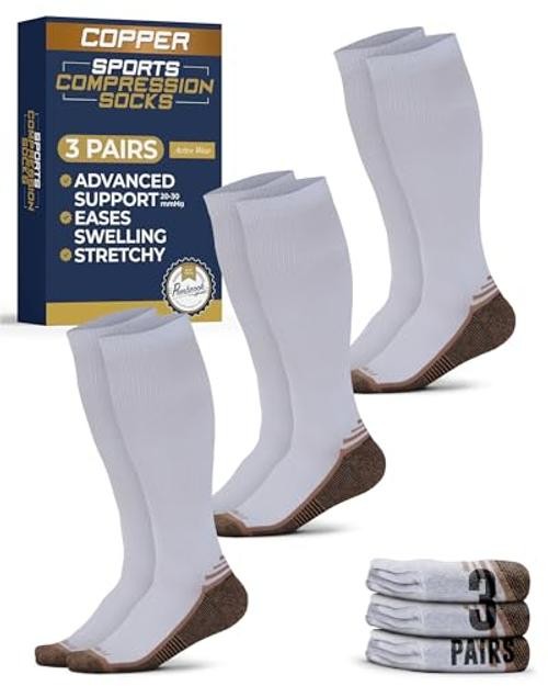 3 Pairs Copper Mens Compression Socks 20-30 mmHg, X-Large White – 3 Pairs