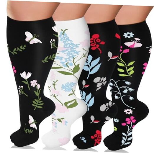 Plus Size Compression Socks for XX-Large 00-4 Pack Black/Black/Black/White