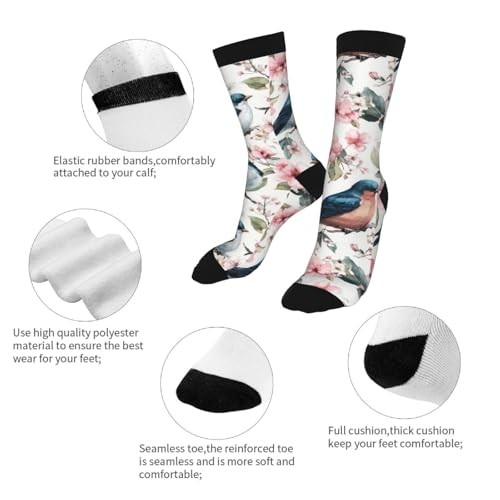 Rutuioy Men Women Funny Crazy Novelty Crew Tube Socks, Blue Bird Floral White