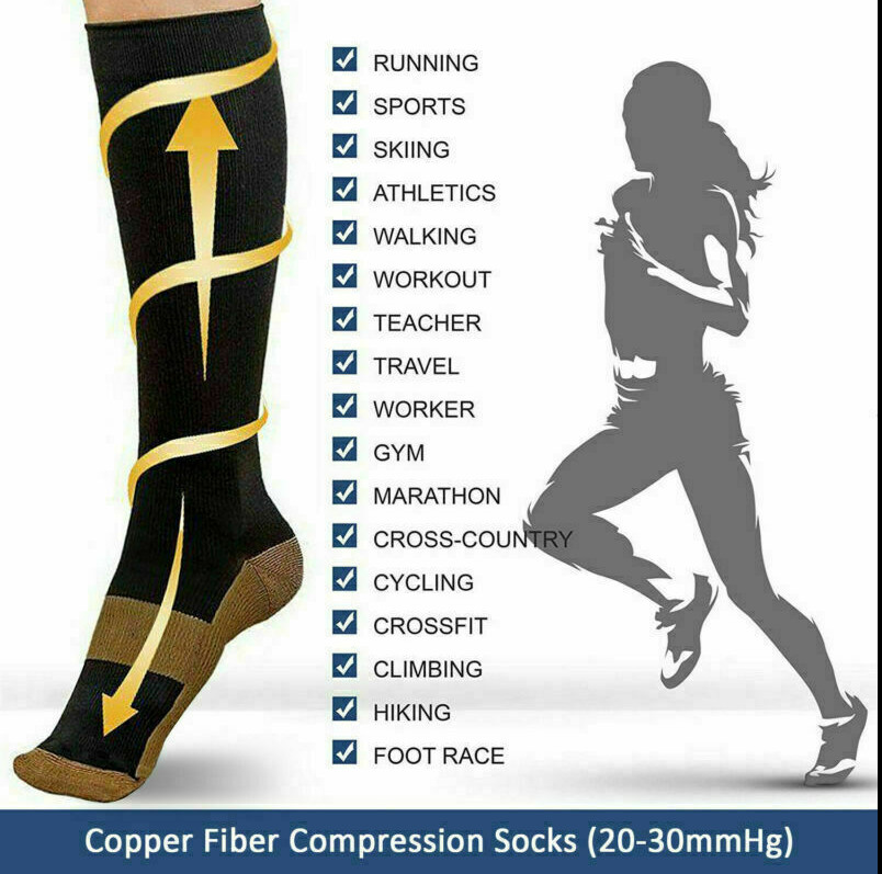 3 Pairs Copper Compression Socks 20-30mmHg Graduated Support Mens Womens S-XXL