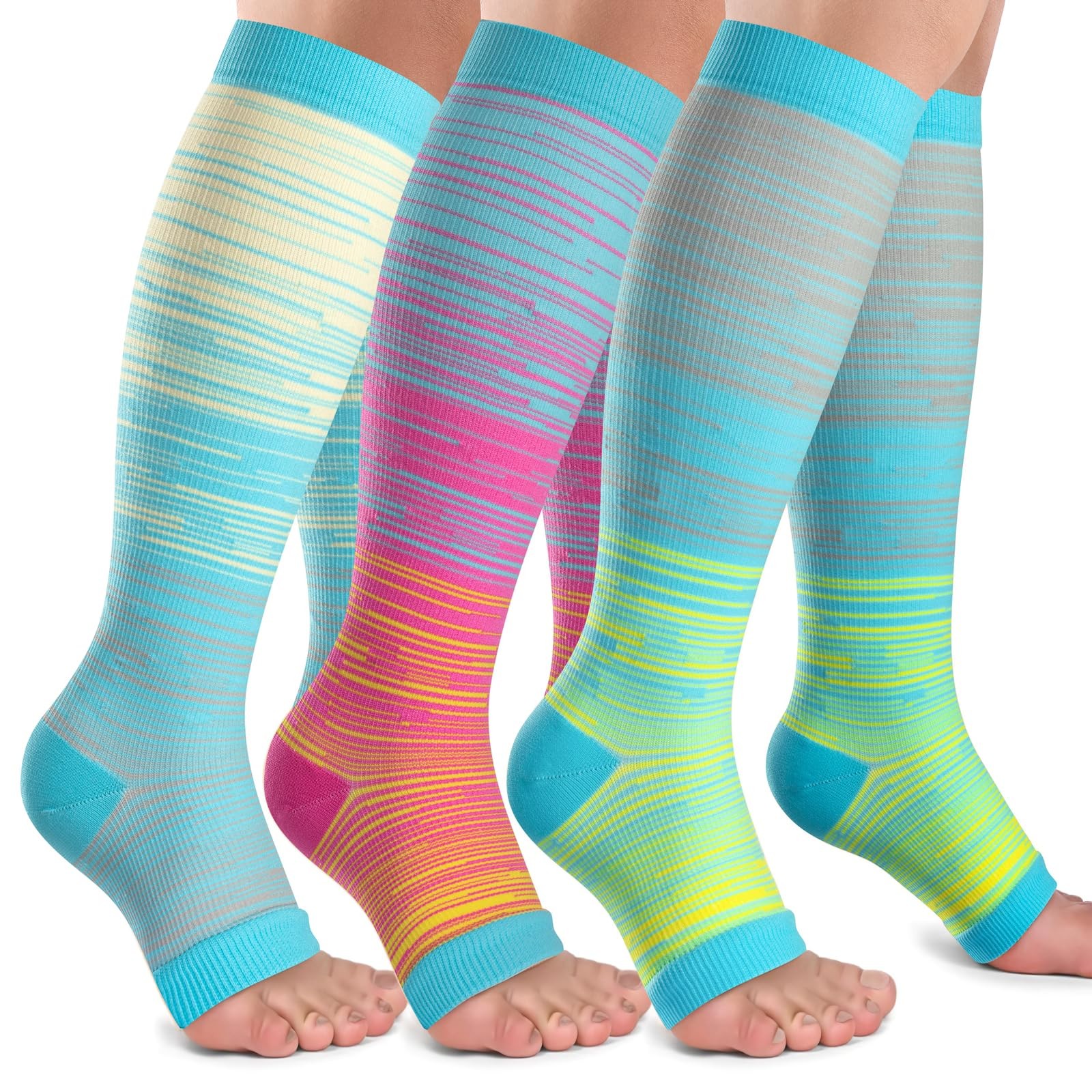Open Toe Compression Socks Women & Men-3 Pairs 20-30 mmHg Knee High Stockings…
