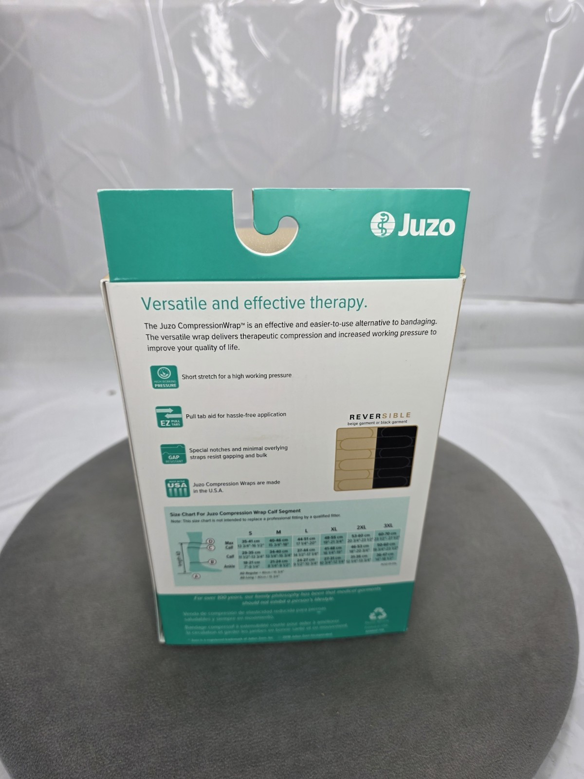 Juzo Reversible Short Stretch Compression Wrap, Long Resting Sz Small BLK- Beige