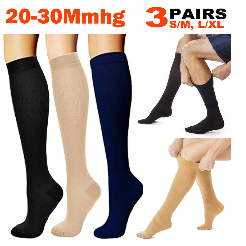 3PK Compression Socks/Hose Knee High 20-30mmHg Men Women Stockings Flight Travel