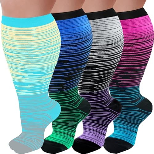 4 Pairs Plus Size Compression Socks XX-Large 01- Red/Dark Blue/White/Light Blue