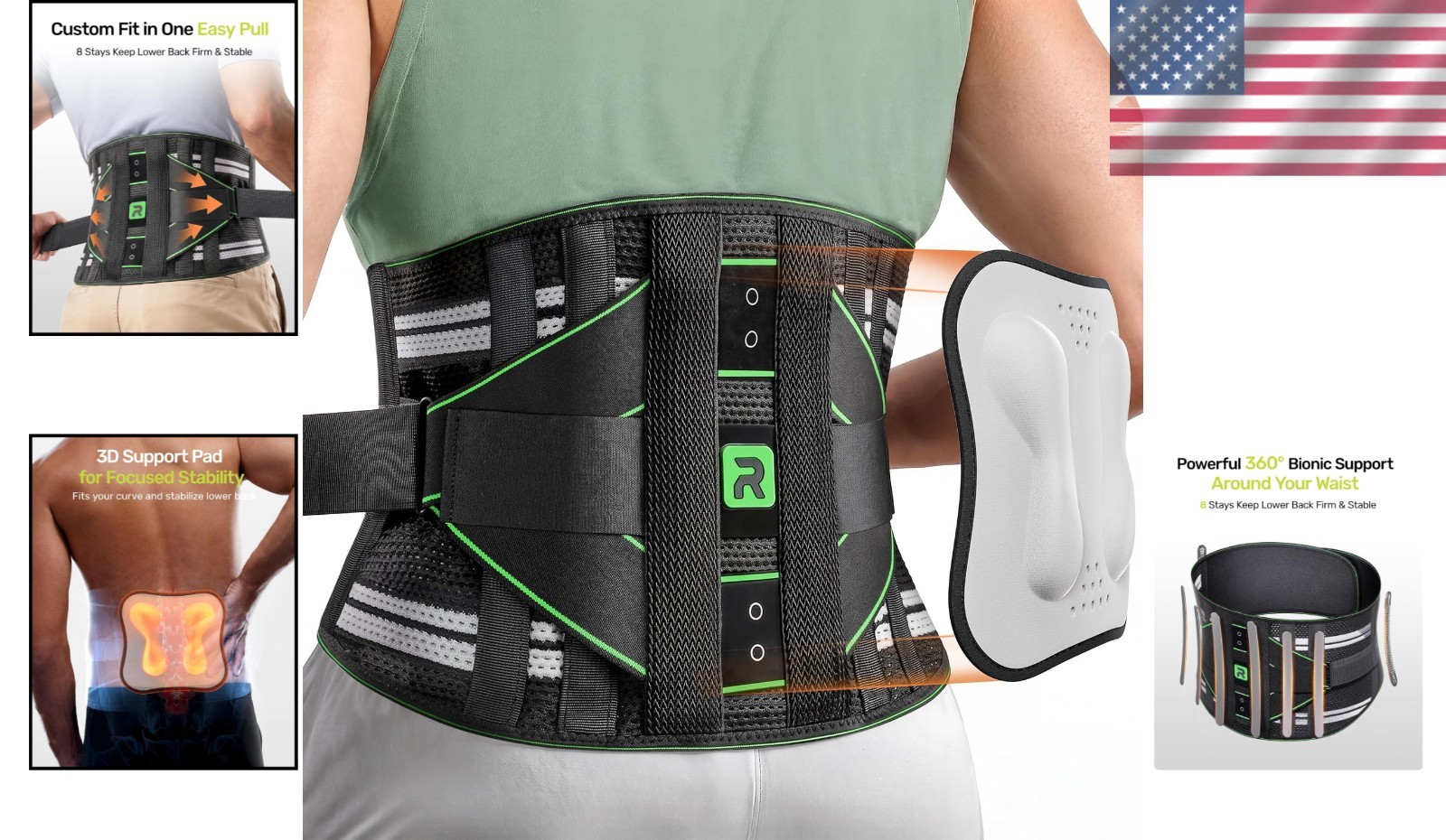 Adjustable Green Back Brace for Lumbar Support | Breathable Mesh Fabric, Size L