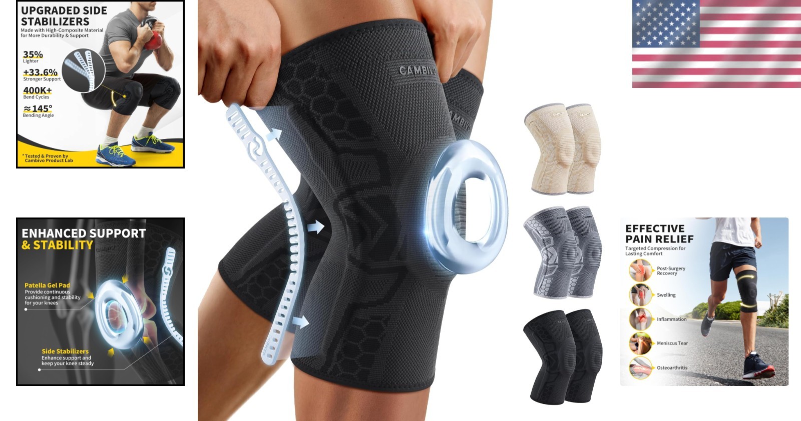 2 Pack Large Knee Brace Sleeves with Patella Gel Pad – Pain Relief & Stability