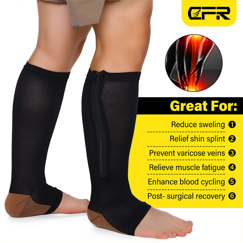 Pair Copper Open Toe Compression Socks Zipper Leg Calf Ankle Support Men Women