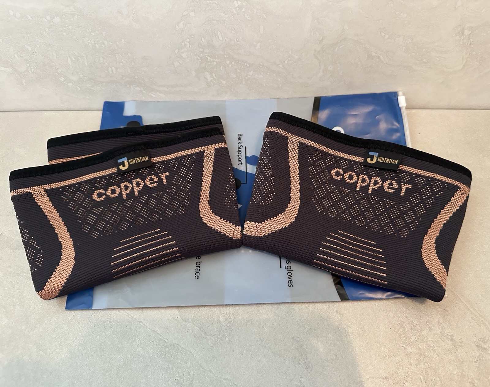 JIUFENTIAN Unisex Compression COPPER ION Knee Brace Black/Brown 2XL NEW Set Of 2