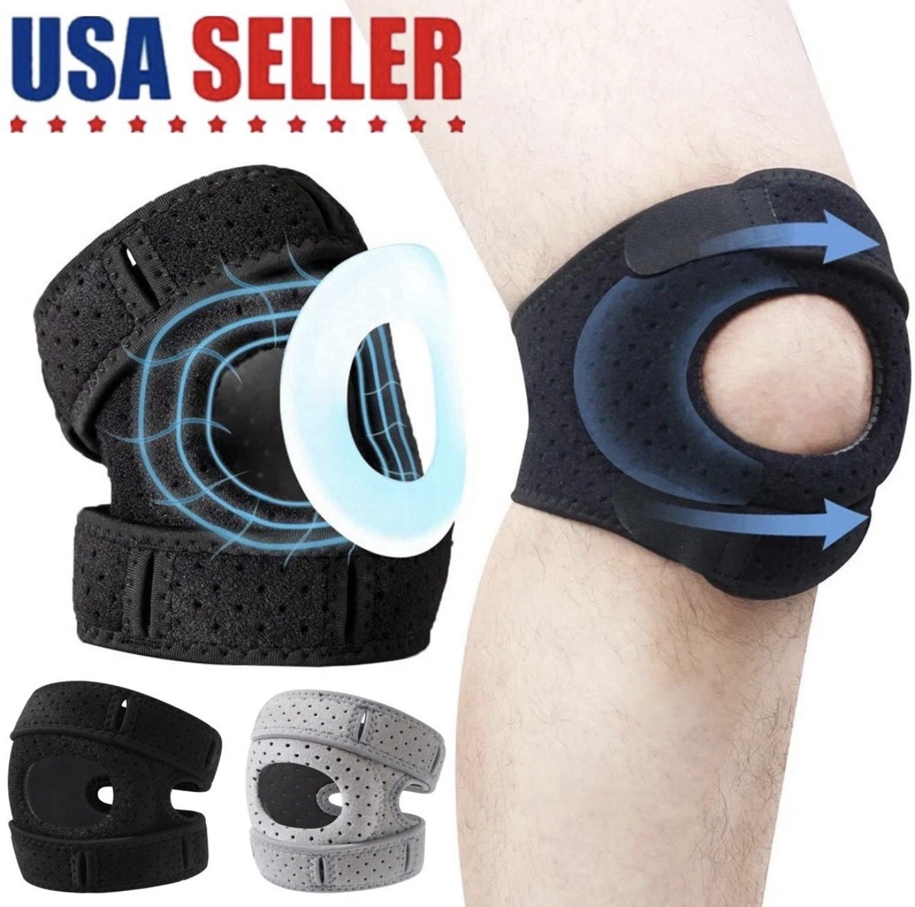 Adjustable Knee Brace Silicone Support, S/M L, Breathable, Black Gray