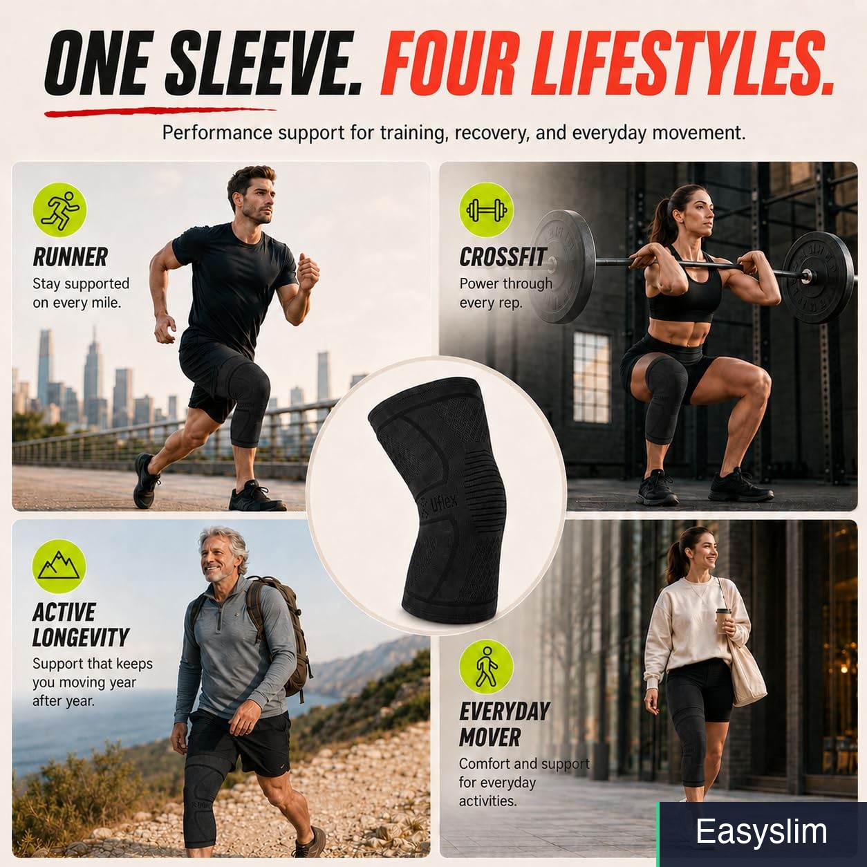 Knee Compression Sleeve Support Brace 4-Way Stretch Black Medium