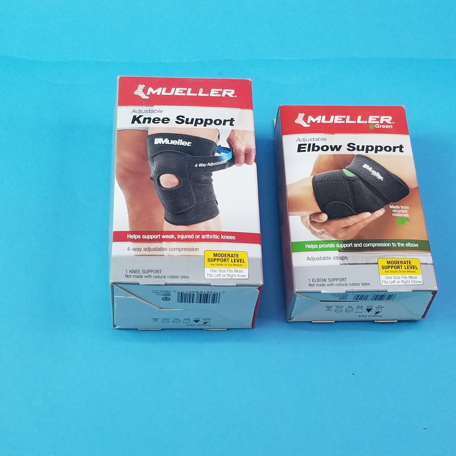 Mueller One elbow support and one knee support Both adjustable one price