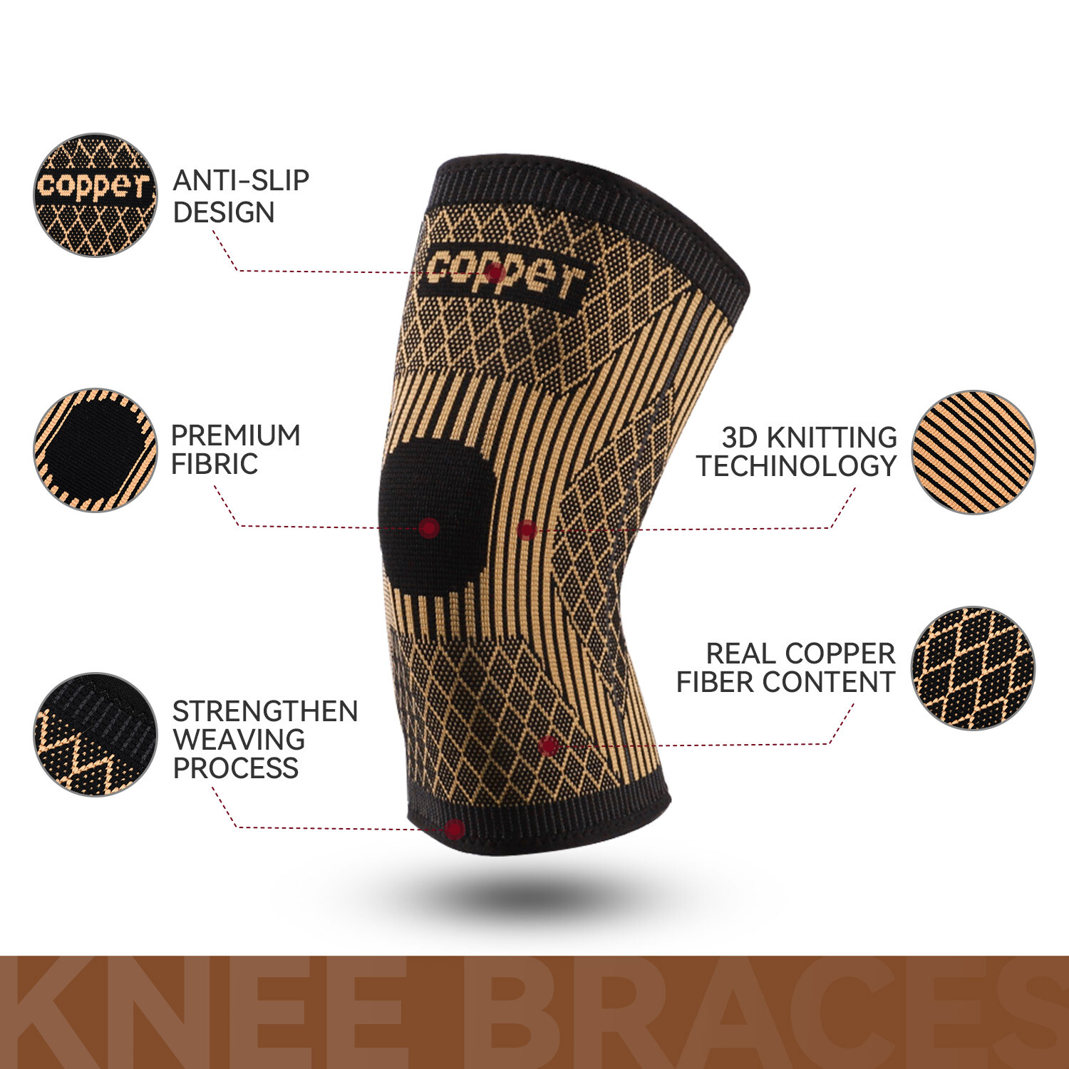 1/2xCopper Knee Sleeve Compression Brace Support Support Sport Joint Injury Pain