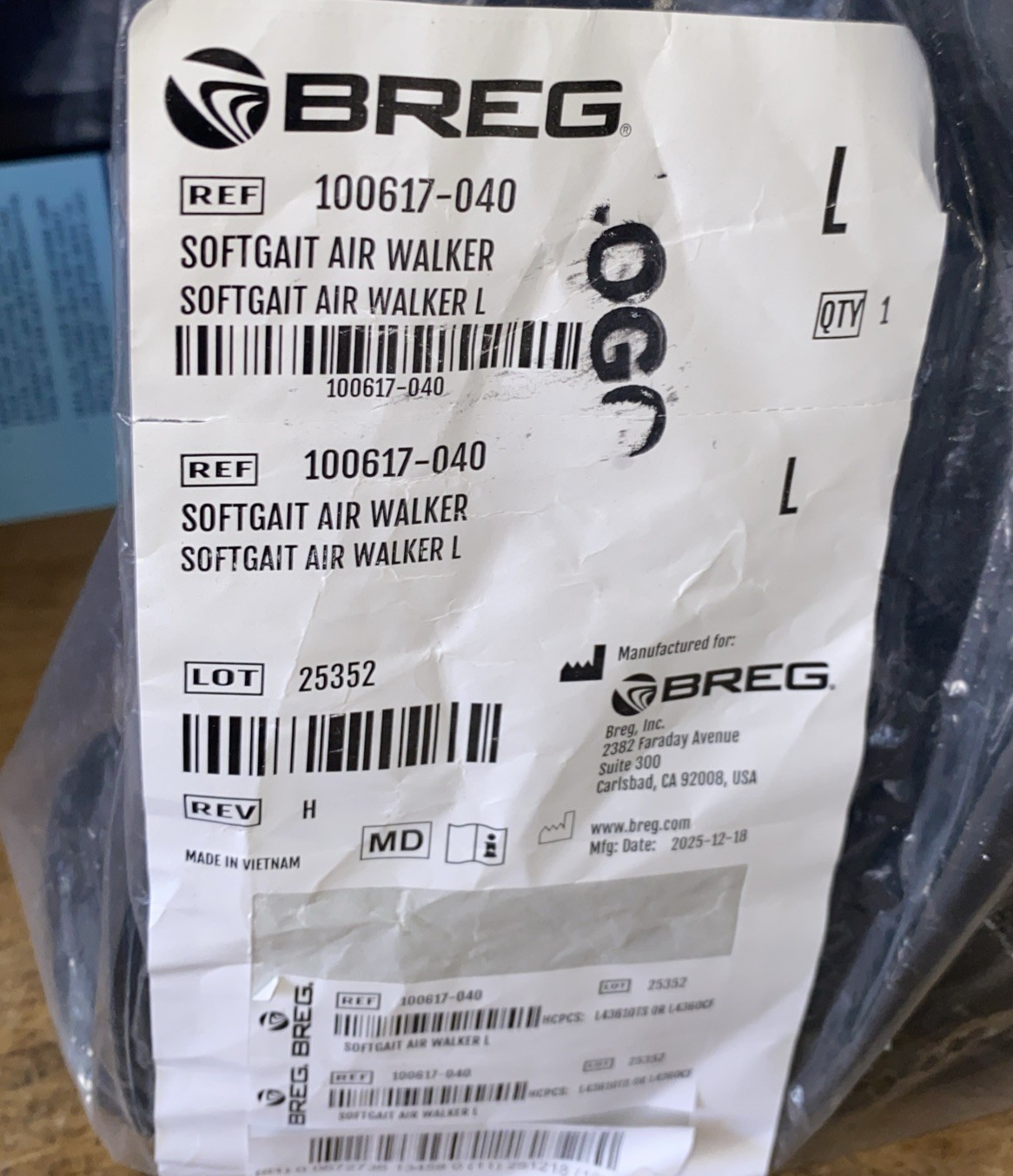 BREG Boot Softgait Air Walker Tall Post-Surgery Size Large, 100617-040 Lite Use